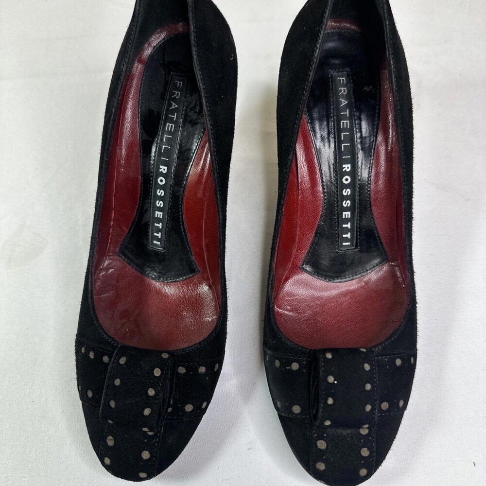 FRATELLI ROSSETTI BLACK PERFORATED SUEDE BOW SILVER METAL‎ HEEL PUMPS US 5M